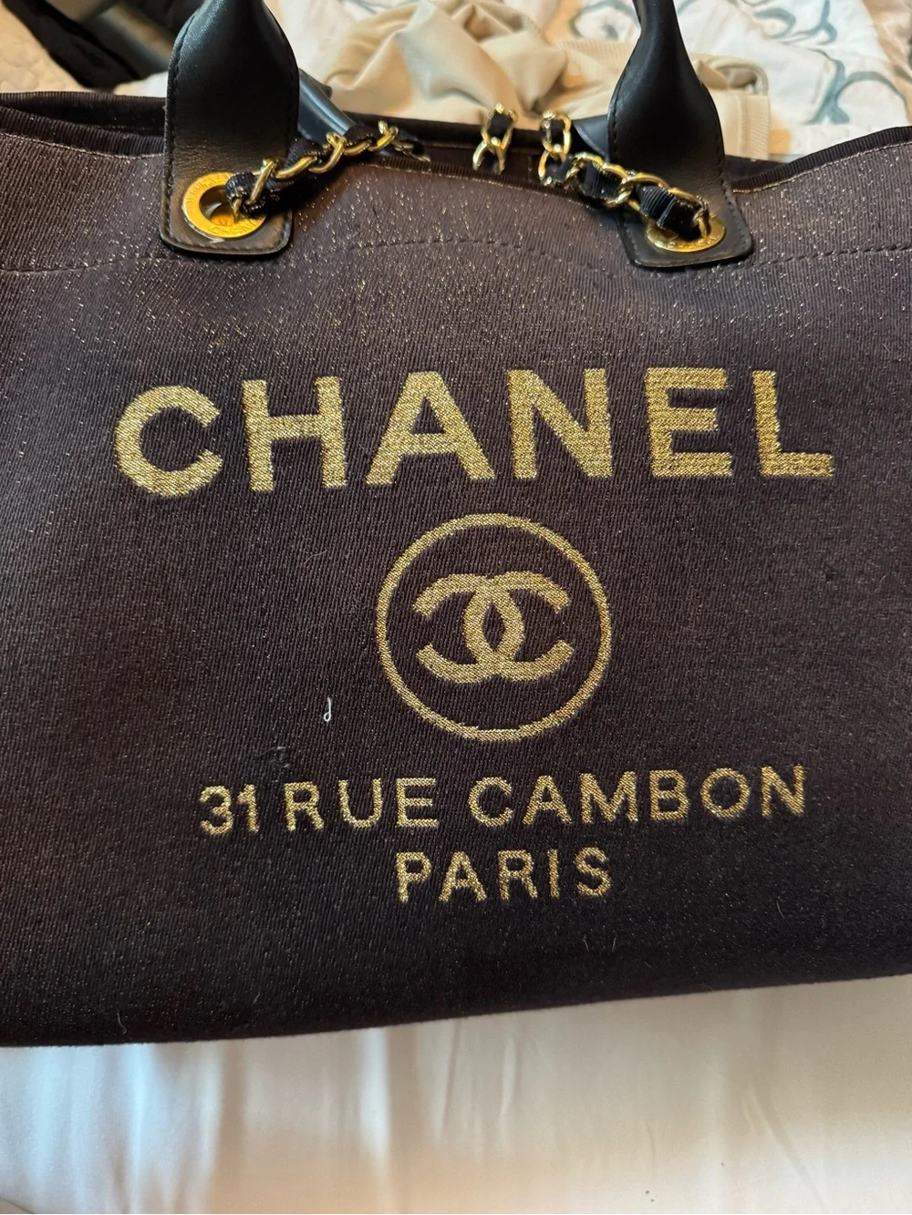 CHANEL Black Canvas & Gold Logo Tote Bag with Chain Handles